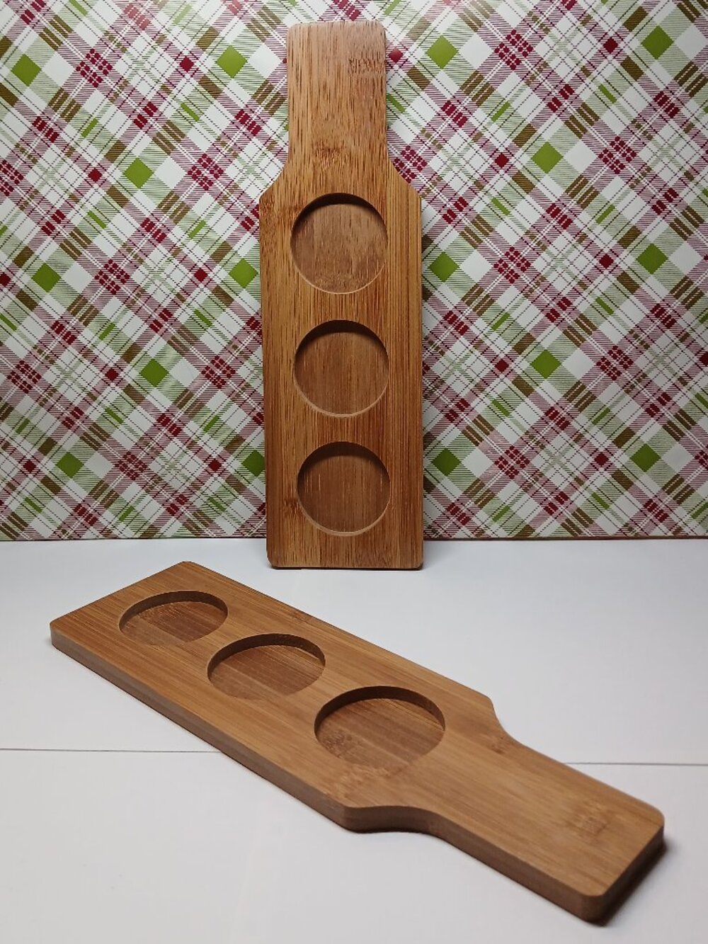 TWO 3-slot Wooden Tasting Flight Paddle Boards Wooden TRAYS